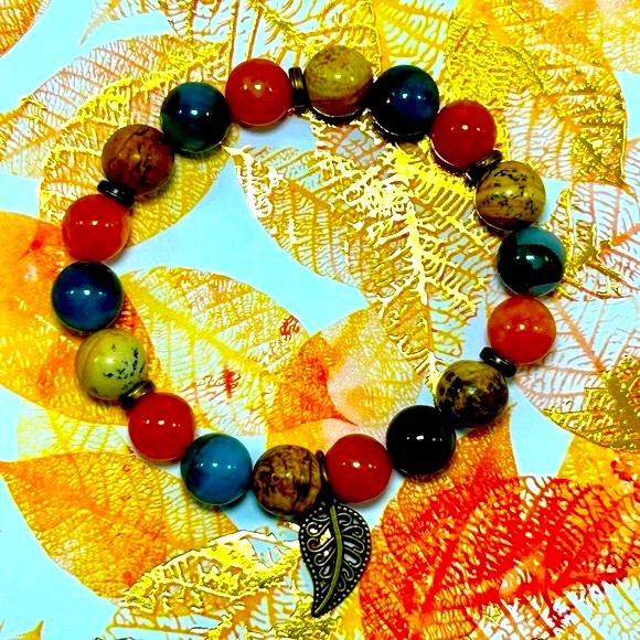 Handmade Fall Leaf Charm Bracelet Featuring Natural Jasper Stones! - Picture 3 of 5